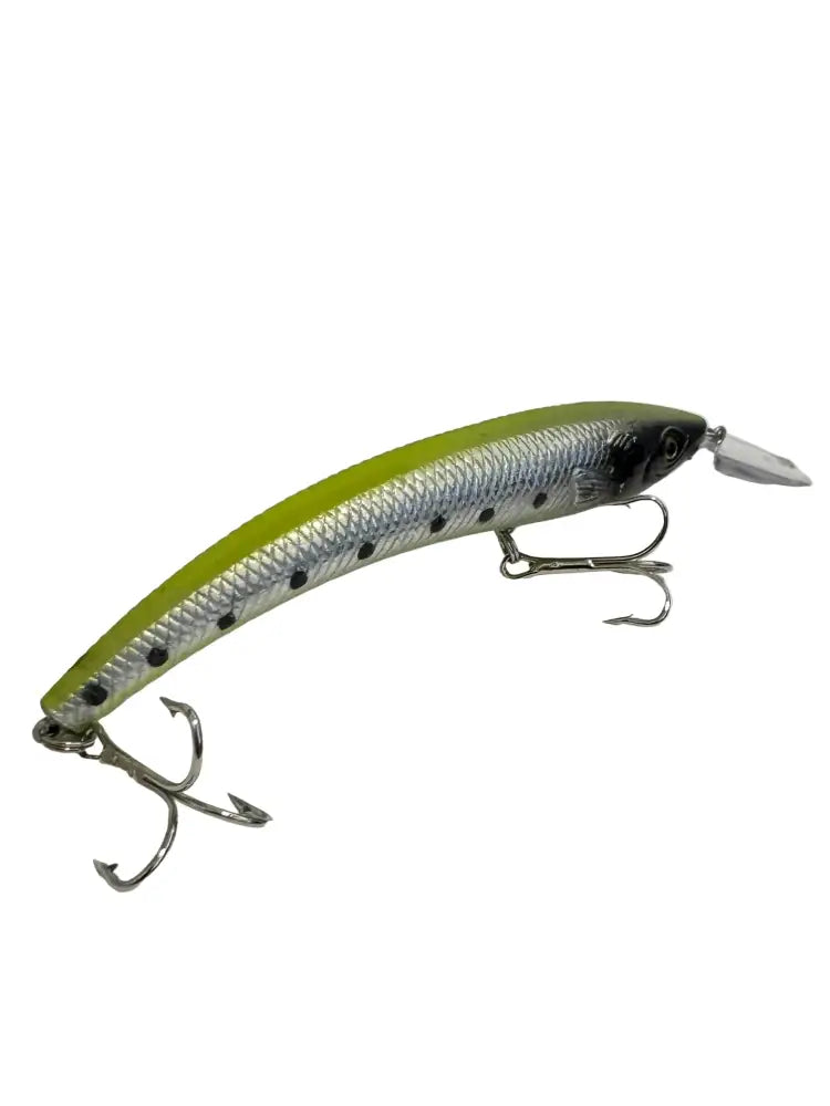 Sleek lime-green and silver fish-shaped limeDive wobbler lure with black spots for pike and zander fishing in murky water 12cm 14g