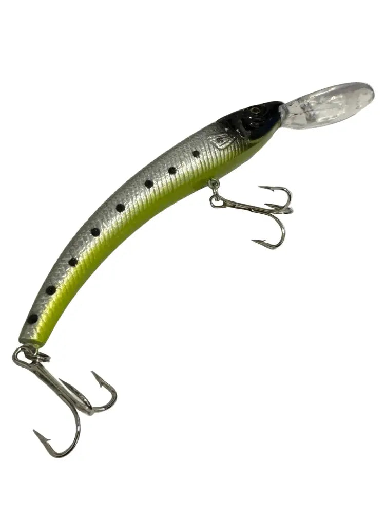 Silver and green minnow-style limeDive wobbler fishing lure with black dots clear plastic tail and triple hooks for pike and zander fishing