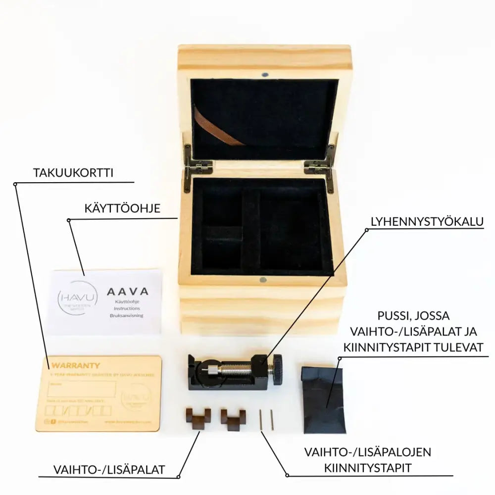 Vaalean puinen kellonkorjaustyökalujen laatikko mustalla samettisisustuksella loimu 40mm -tuotteelle