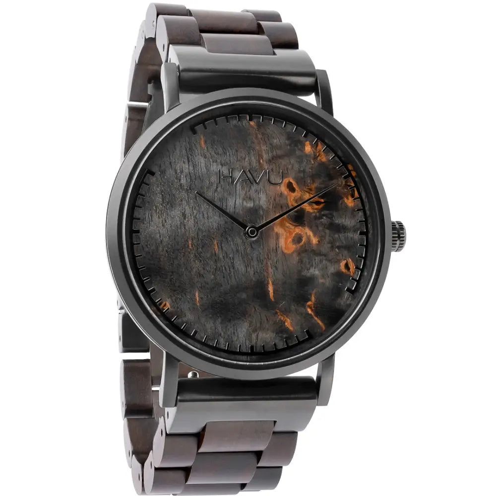 Loimu 40mm rannekello jossa tummapuinen kellotaulu mustalla ja oranssilla marmoroidulla kuviolla ja metallirannekkeella