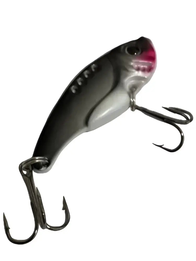 Luomu blade ahvenelle 5cm 10g metallinhohtoinen harmaa valkoinen viehe pinkillä suulla ja mustilla kolmihaavalla