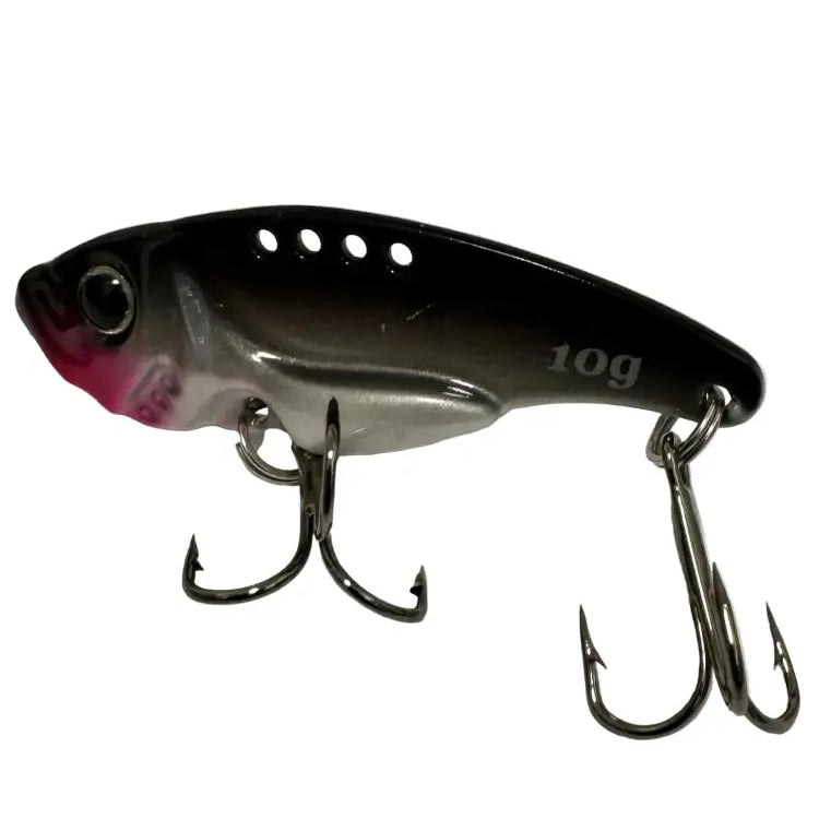 Luomu blade ahvenelle 5cm 10g musta ja hopeanvärinen kova 10g vaappu pinkin sävyisellä päällä ja kolmella kolmoiskoukulla molemmilla puolilla