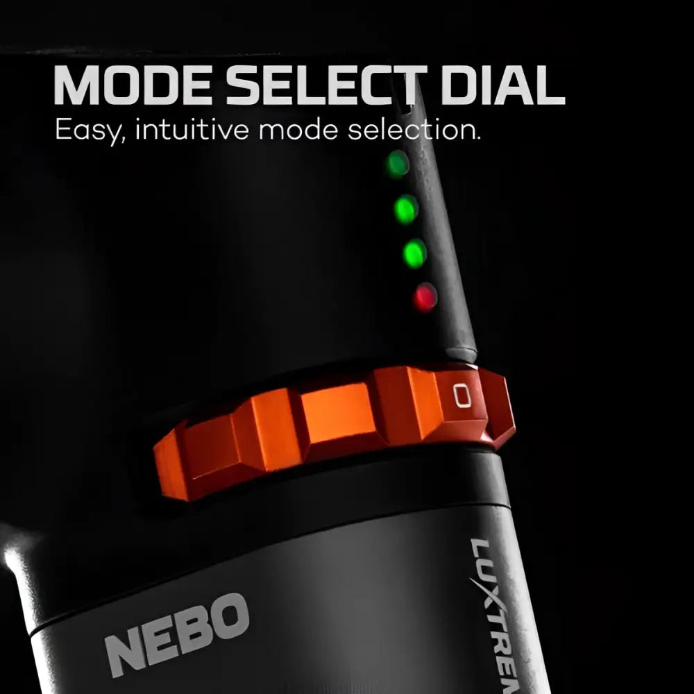 Black and orange mode select dial with green led indicators for nebo luxtrek flashlight luxtreme sl 25 r 1/4 mile 400m