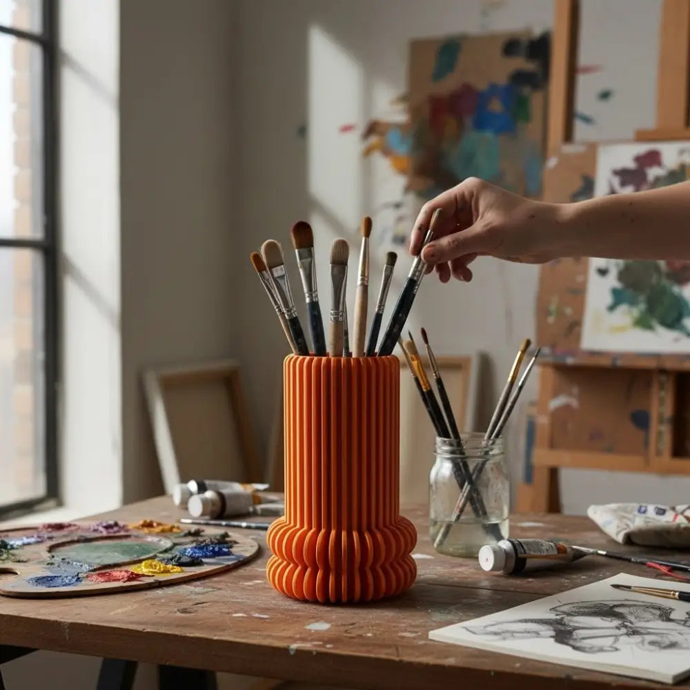 Orange ribbed ceramic brush holder maljakko made of ceramic with ribbed texture for storing brushes