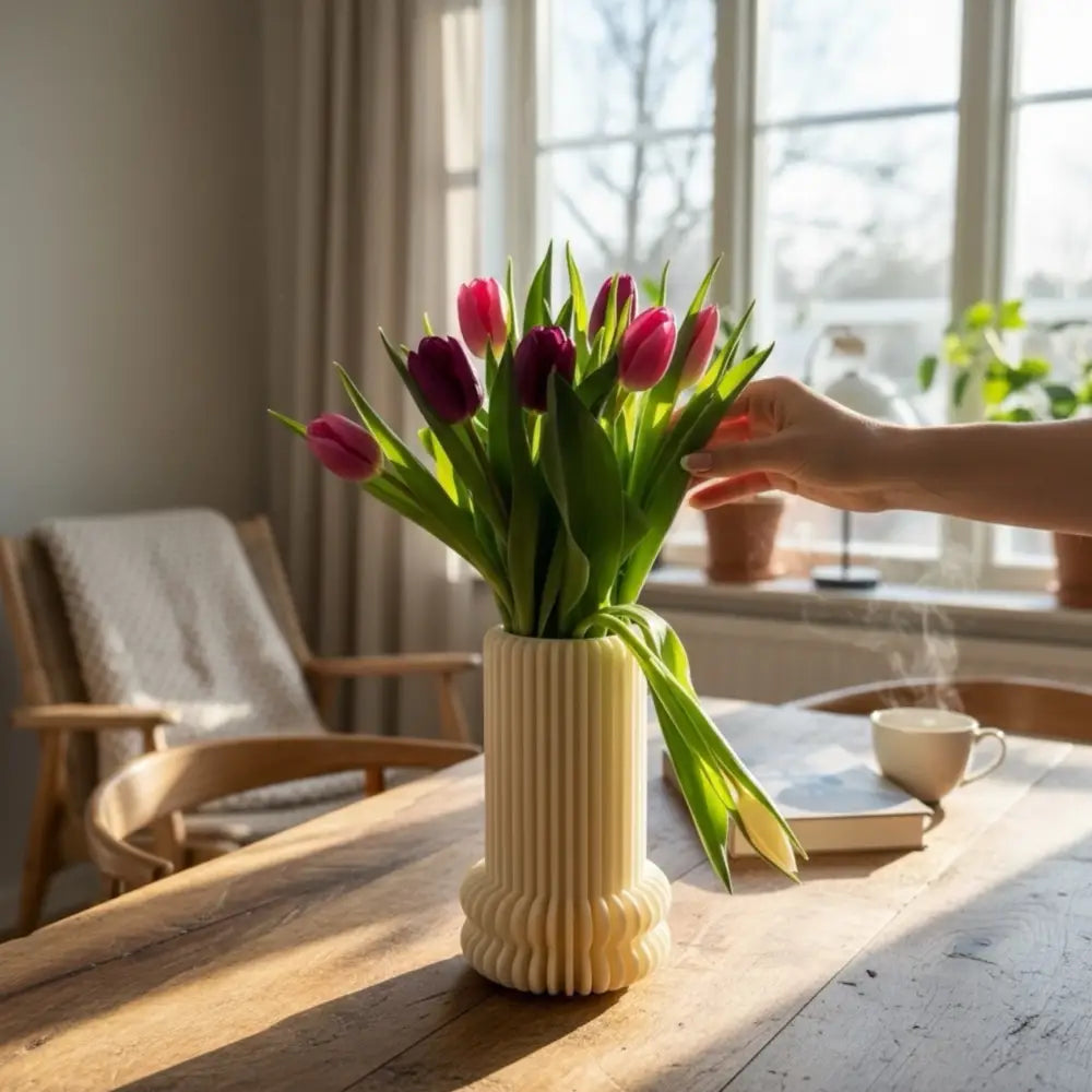 Creamvärinen ribbattu keramiikkamaljakko, jossa kimppu vaaleanpunaisia ja tummanvioletteja tulppaaneja
