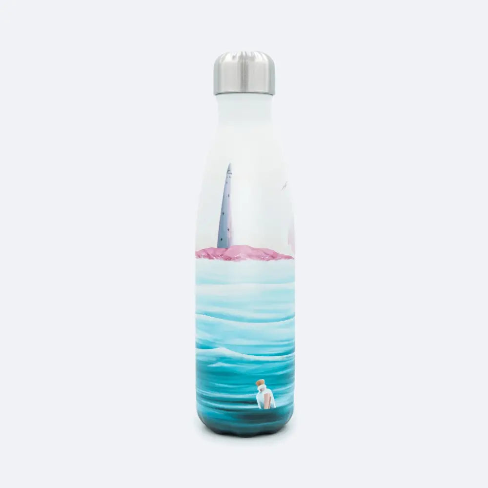 A sleek white stainless steel Meribottles archipelago 500 ml water bottle with a whimsical lighthouse design
