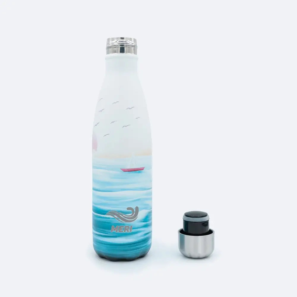 A sleek stainless steel meribottles archipelago 500 ml water bottle with a painted ocean scene and pink sailboat