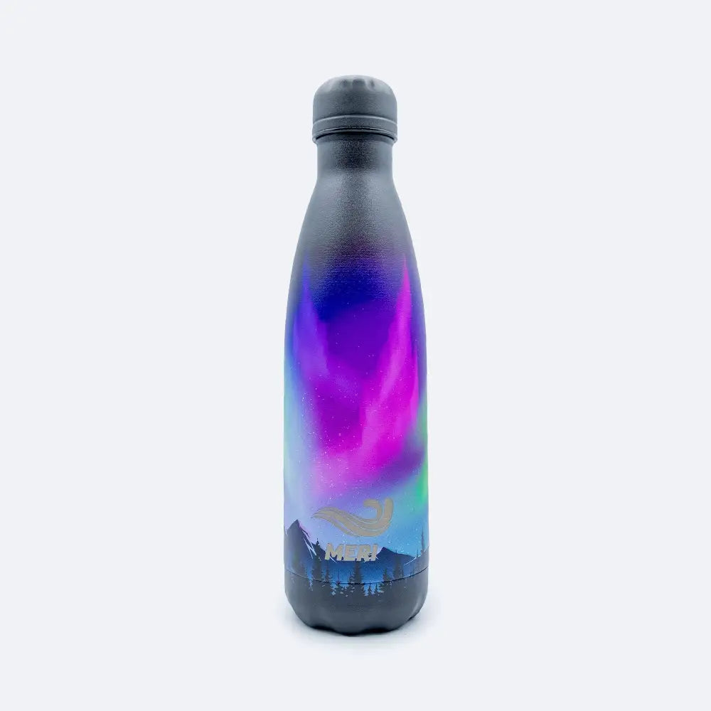 Meribottles aurora borealis 500 ml musta ruostumattomasta teräksestä valmistettu juomapullo revontulikoristeella