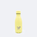 A sleek pale yellow stainless steel meri bottle baby yellow 260 ml with matching lid and gray meri logo