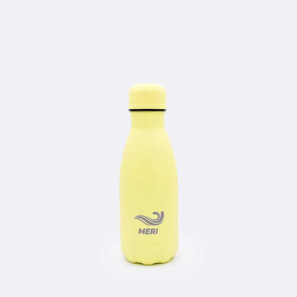 A sleek pale yellow stainless steel meri bottle baby yellow 260 ml with matching lid and gray meri logo