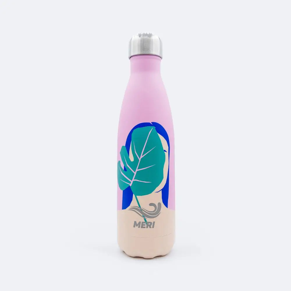 Pinkki ja beige eristetty meribottles eve 500 ml juomapullo hopeisella ruuvikorkilla ja sinisellä hiuskuvioinnilla