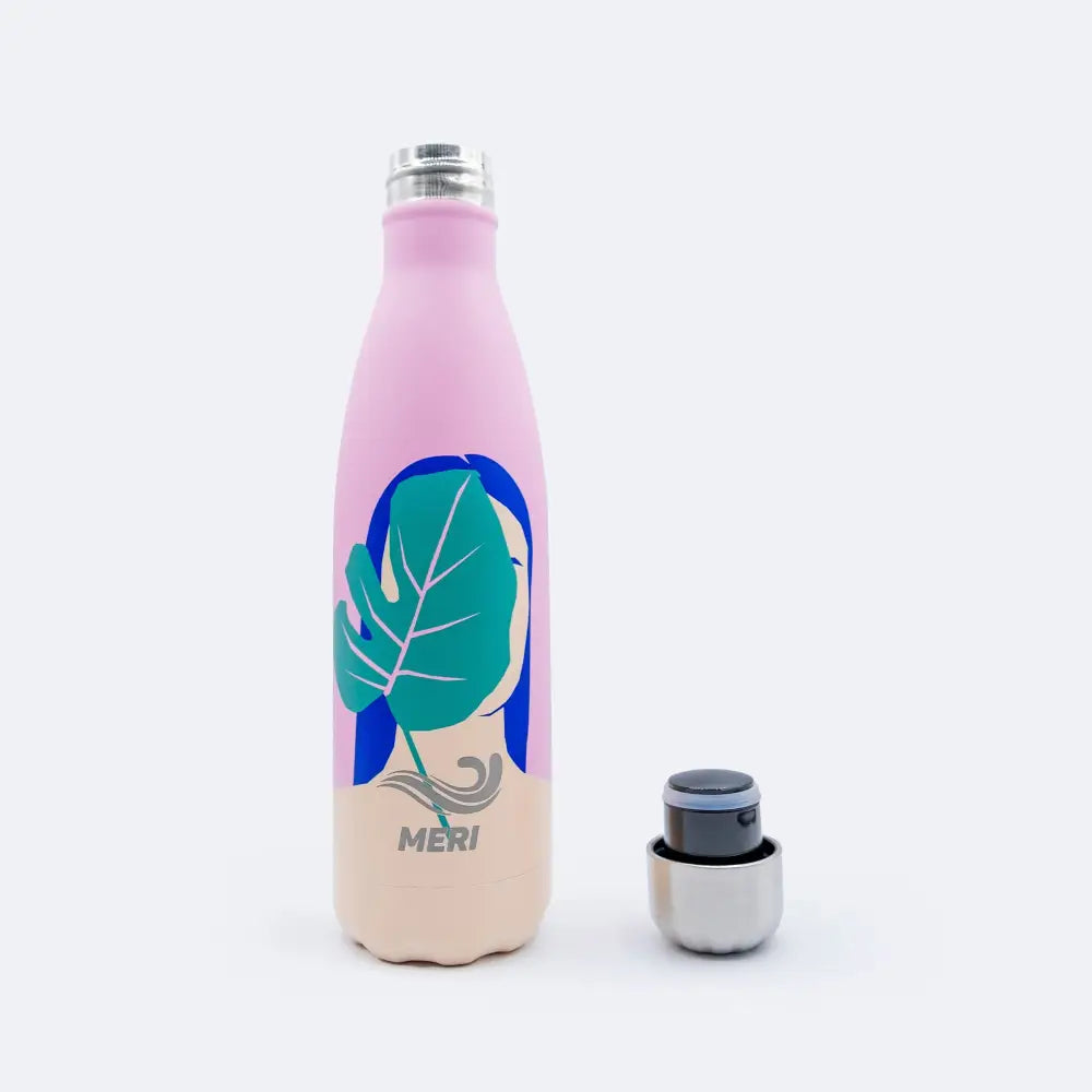 Meri bottles eve 500 ml pinkki ja beige juomapullo, jossa on turkoosi lehden muotoinen kuvio