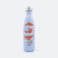 Light blue insulated meribottles life at sea 500 ml water bottle with silver lid and orange gray whale illustration