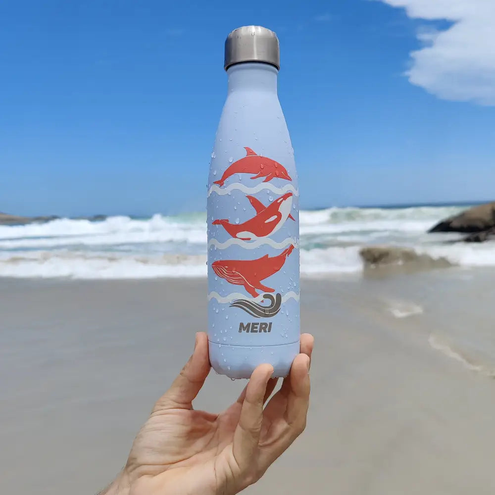 Light blue stainless steel meribottles life at sea 500 ml water bottle with red whale and dolphin illustrations and silver lid