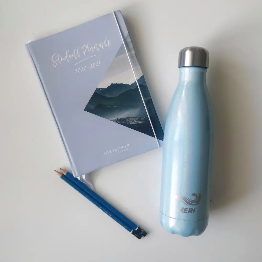 Light blue metallic meribottles mermaid 500 ml water bottle with silver cap and wave logo