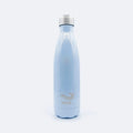 Light blue metallic meribottles mermaid 500 ml water bottle with silver screw-on cap and meri logo etched near base