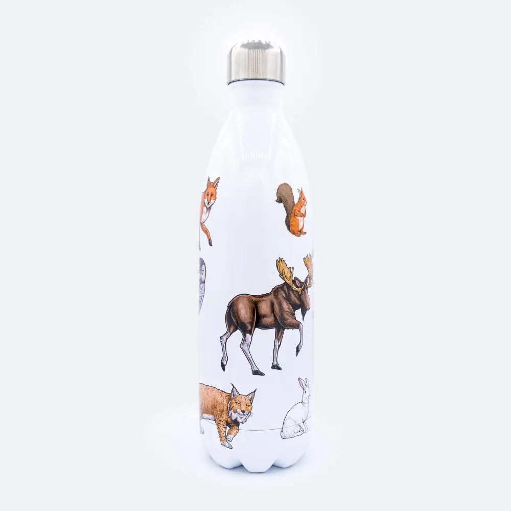 Valkoinen eristetty meribottles nordic animals 1000 ml juomapullo hopeakorkilla ja värikkäillä metsäeläinkuvituksilla