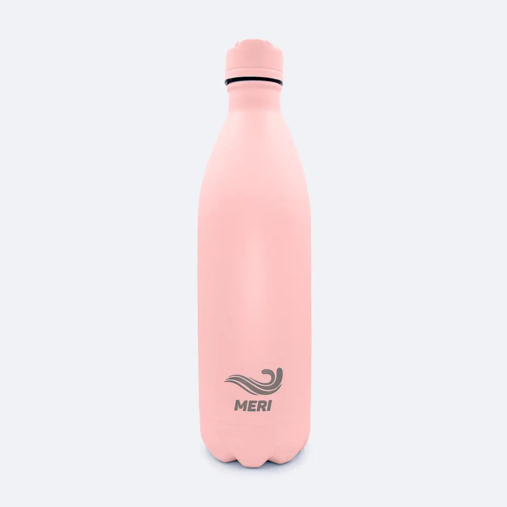 A sleek matte pink stainless steel Meribottles PINK 1000 ML water bottle with a matching lid and subtle meri logo near its base