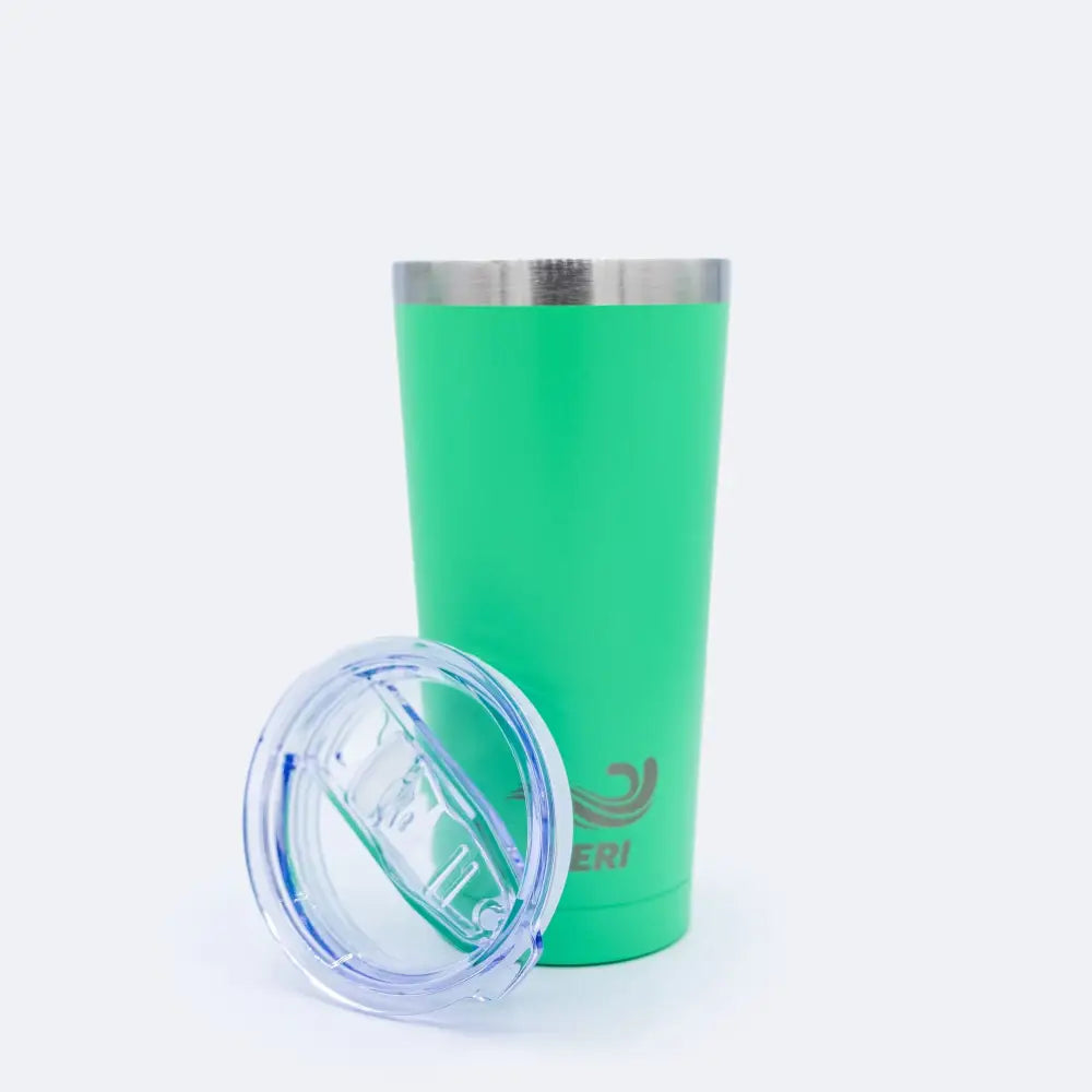 Vibrantti vihreä meribottles takeaway-muki 500 ml eristeellä ja ruostumattomalla teräsreunuksella sinisillä yksityiskohdilla