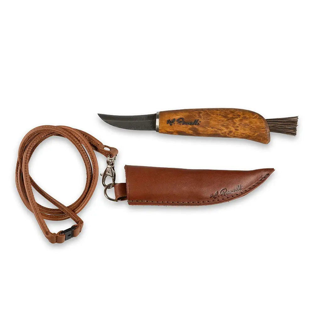 Mushroom knife ruskea nahkainen tuppeen punotulla nahkanyörillä ja ommellulla reunuksella