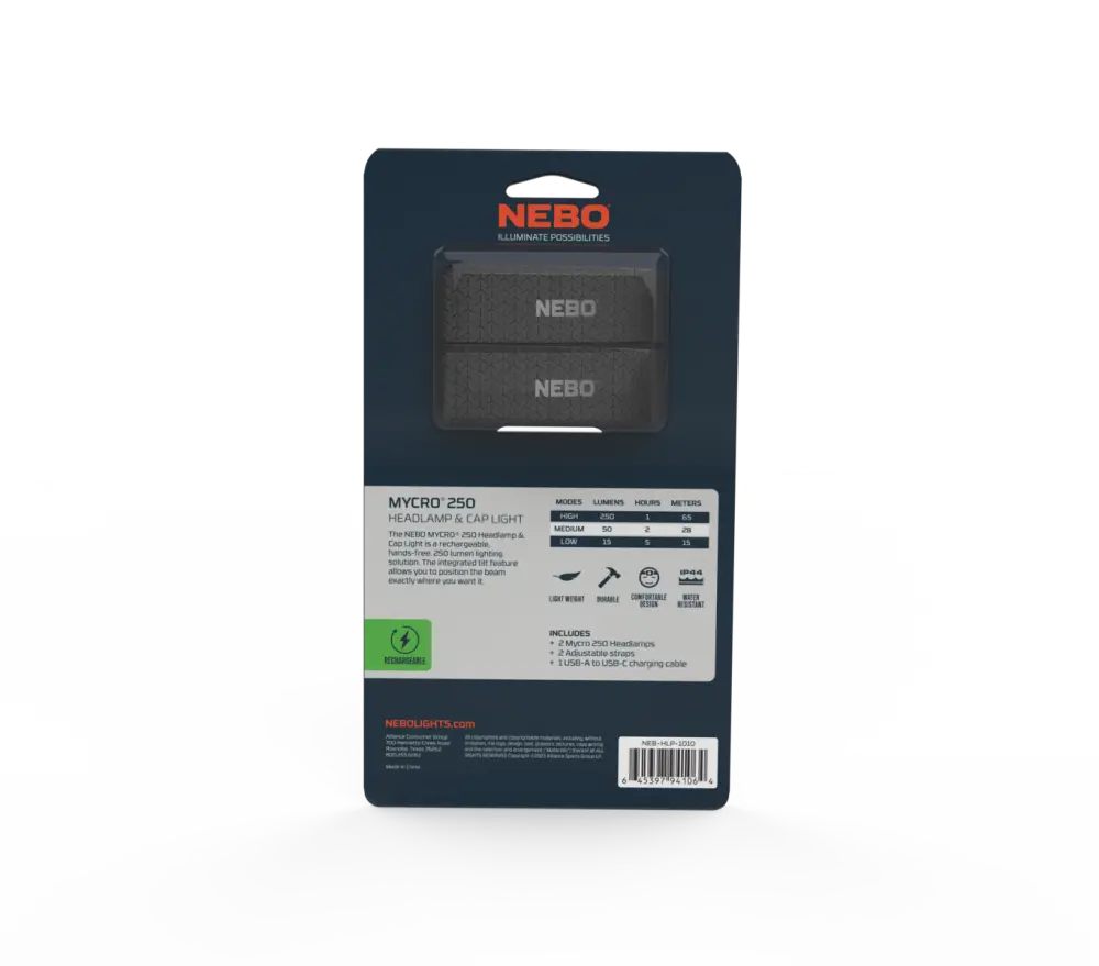 Mycro 250 2 pack ladattava otsa ja lippavalaisin tummanharmaa suorakulmainen muotoilu sekä nebo logo