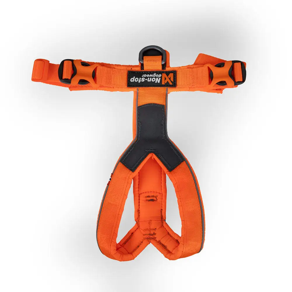 Kirkaan oranssi non-stop dogwear line harness valjas 5.0 mustilla vahvistetuilla paneeleilla ja säädettävillä soljilla