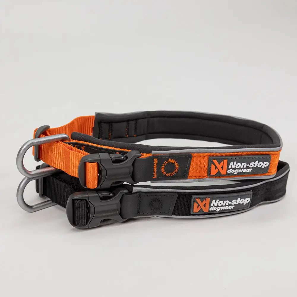 Orange ja musta non-stop roam collar panta heijastavilla nauhoilla ja muovisilla soljilla koiralle