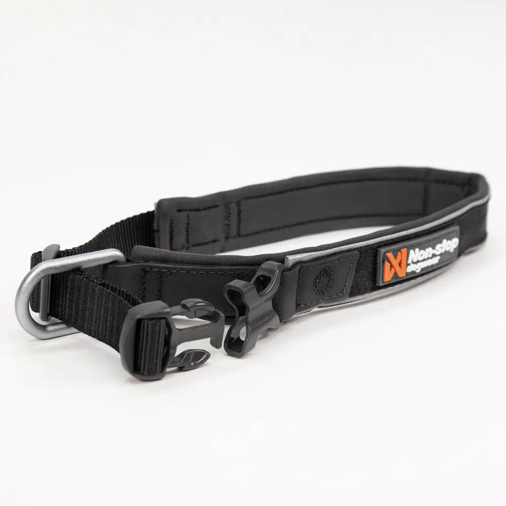 Black nylon non-stop roam collar with silver metal d-ring black plastic buckle and orange white brand label