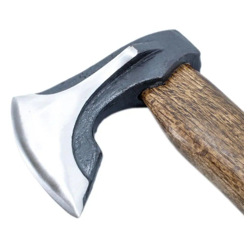 A silver-bladed nordic halkaisukirves with dark gray metal head and brown wooden handle 37 cm 950g with leather sheath
