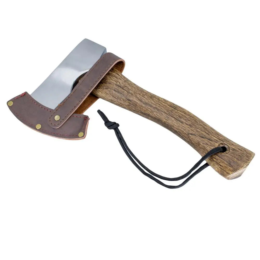 Rustiikkinen nordic kirves 27 cm 700 g puukahvalla ja kiillotetulla hopeisella terällä nahkasuojuksessa