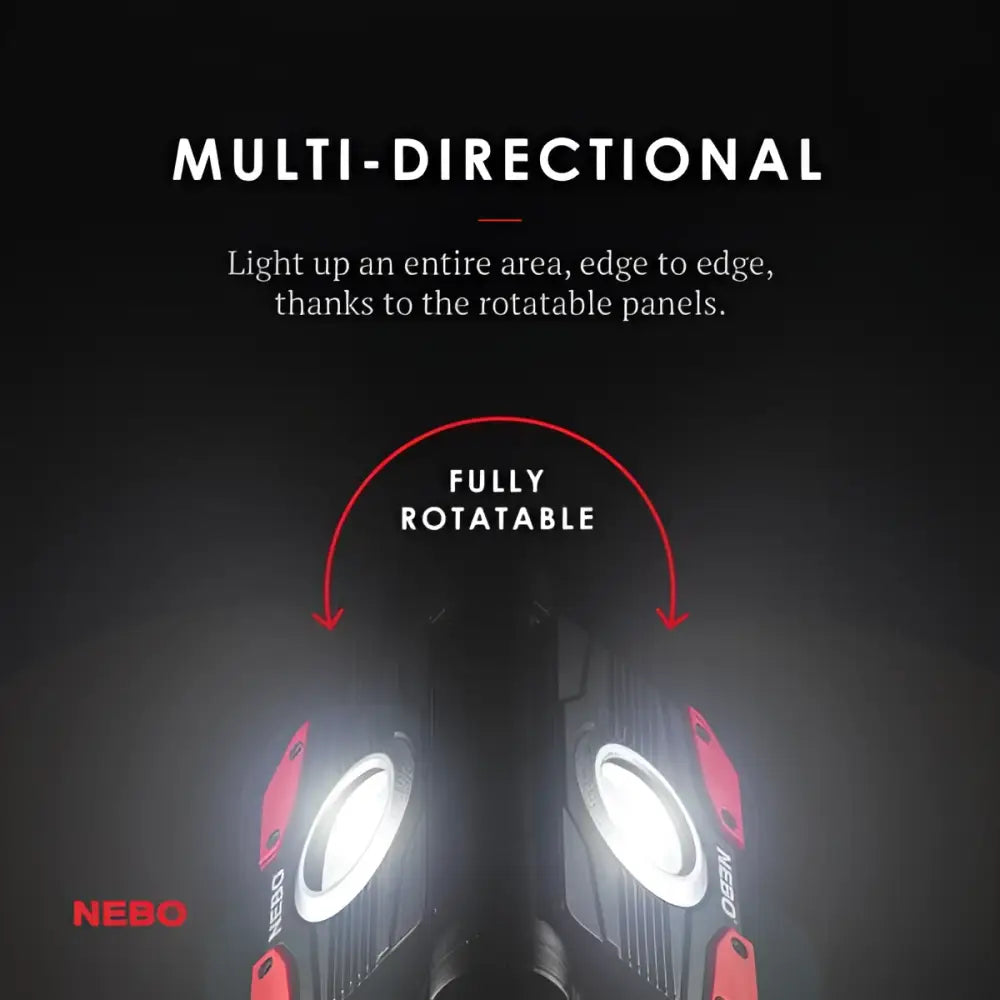 Black and red nebo cree omni 2k worklight with multi-directional light and fully rotatable panels