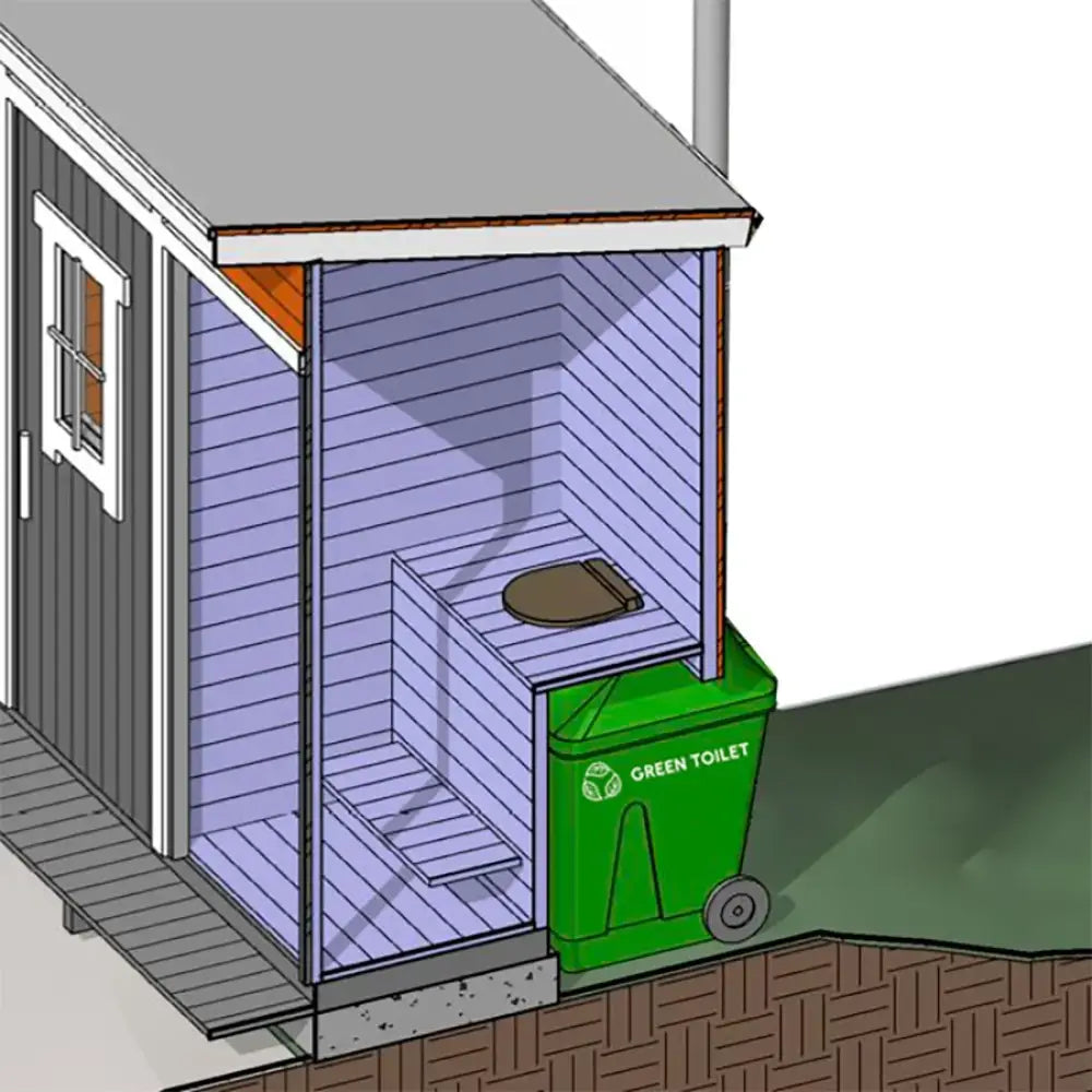 Paketti green toilet 330 vihreä pyörällinen kompostikäymälä ja vaihtosäiliö etupuolelta nähtynä