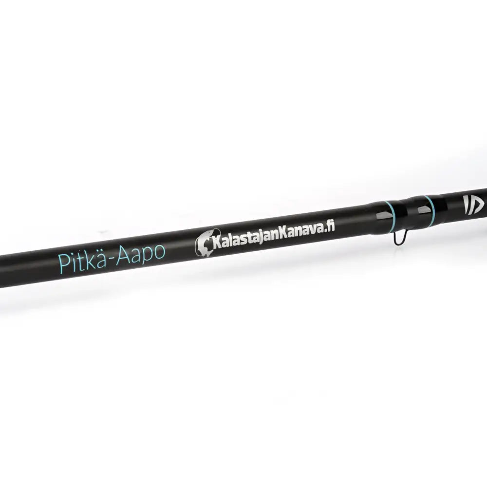Black fishing rod pitkä-aapo 228cm 7-21g with teal white branding and kalastajankanava.fi logo by Kalastajan Kanava