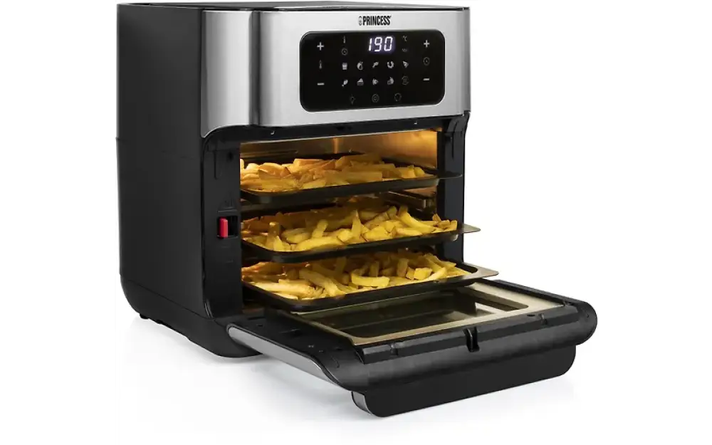 Mustan ja hopean värinen princess aerofryer oven airfryer miniuuni kolmella kullanruskealla ranskalaisten perunoiden tasolla