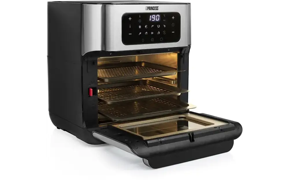 Mustan ja hopean värinen princess aerofryer oven airfryer miniuuni digitaalipaneelilla 190 astetta