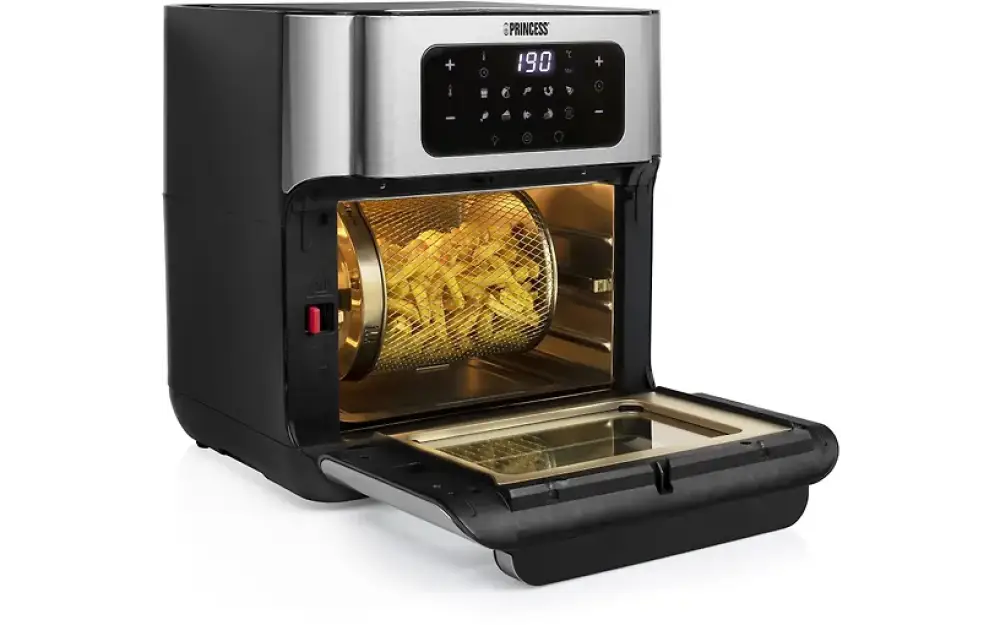 Black and silver princess aerofryer oven airfryer with digital display at 190 degrees and rotating basket of golden fries