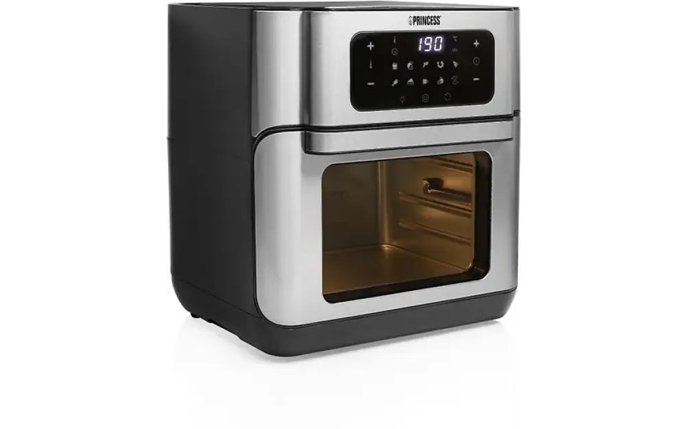 Stainless steel and black princess aerofryer oven airfryer with digital control panel set to 190 degrees