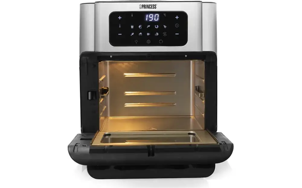 Hopea-musta princess aerofryer oven airfryer miniuuni digitaalisella näytöllä, joka näyttää 190 astetta