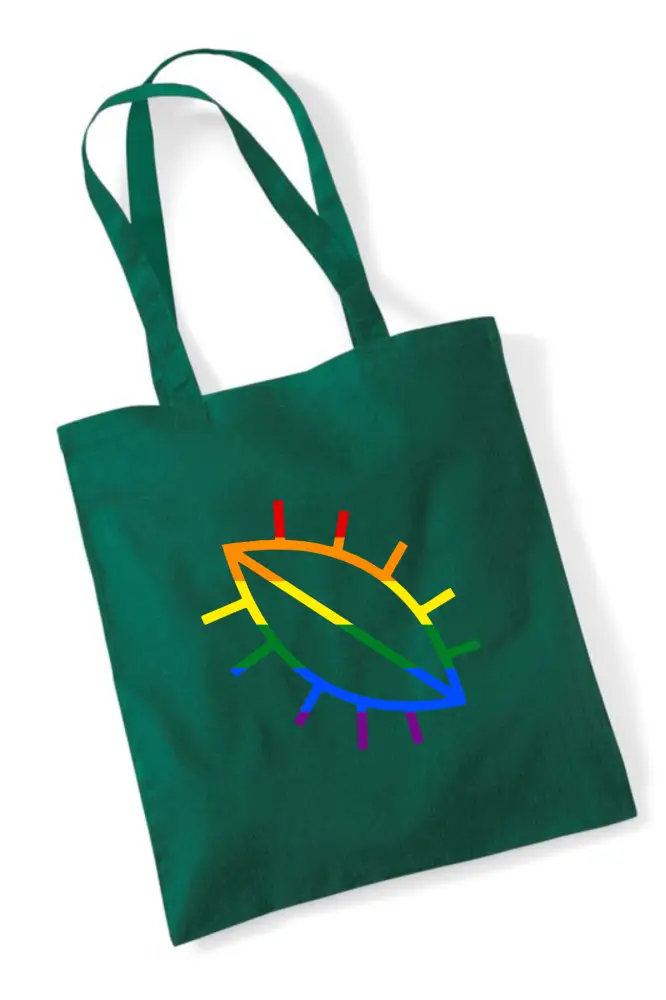 Dark green canvas tote bag proud pimppi with colorful rainbow-striped leaf design and radiating lines