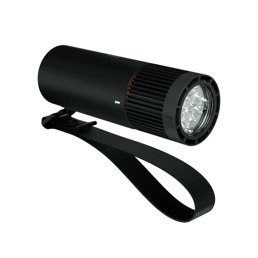 Black cylindrical pwr explorer 2000l bike light with textured grip and red accent ring multiple led bulbs