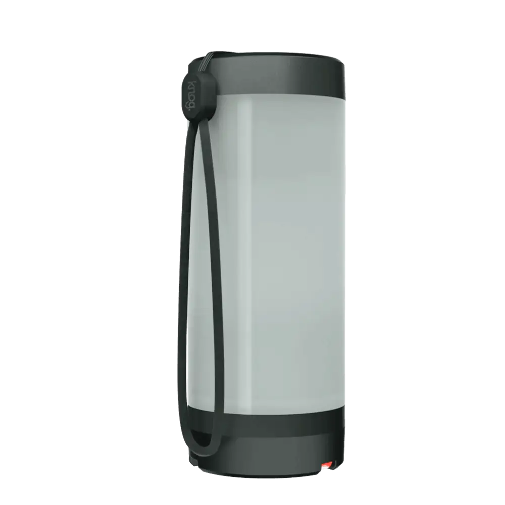 A sleek translucent gray bodum travel mug with black lid and base shown with pwr lantern 300l branding