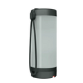 A sleek translucent gray bodum travel mug with black lid and base shown with pwr lantern 300l branding
