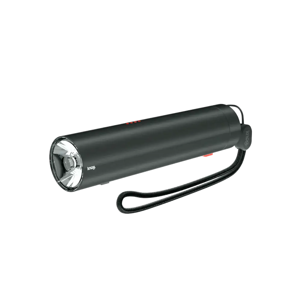 Musta sylinterimäinen knog pwr seeker 450l -taskulamppu hopeisella linssillä ja rannekkeella