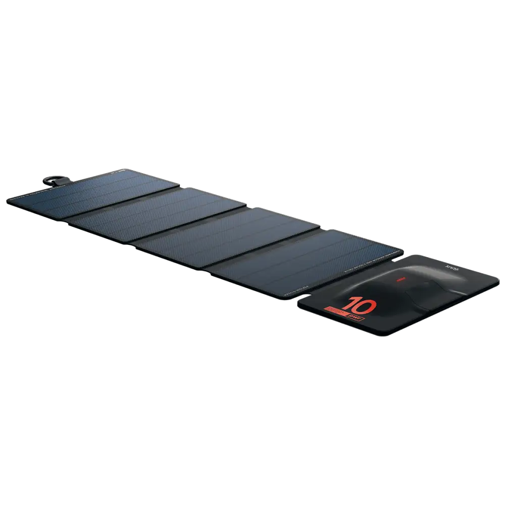 Musta taitettava pwr solarpanel 10 watin aurinkopaneeli tyylikkäällä ja segmentoidulla designilla ja punaisella 10 merkinnällä
