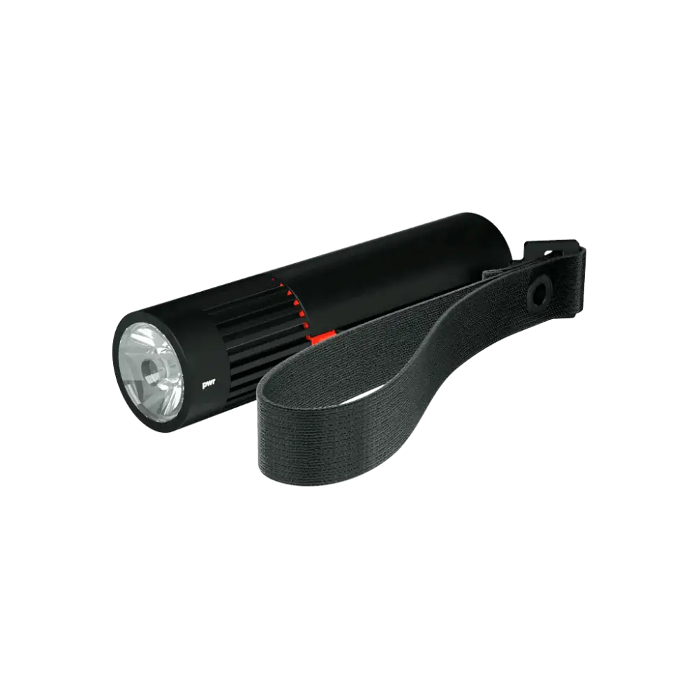 Black cylindrical flashlight pwr trekker 900l with textured grip red accents and attached black webbing strap for secure handling