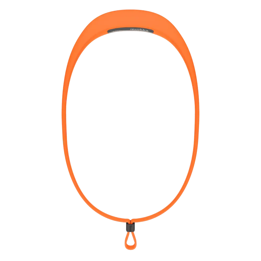 Bright orange silicone neck strap with black clasp and quokka logo for quokka 150 product