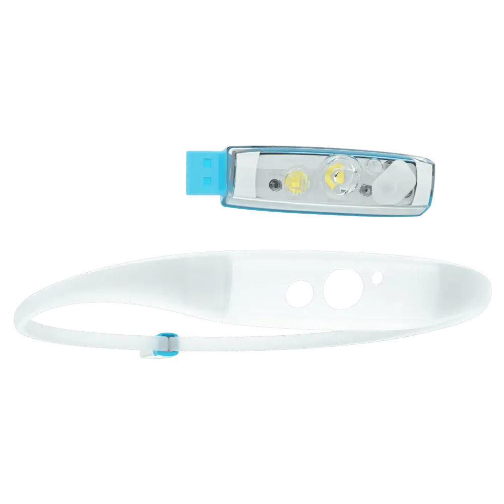 White and light blue quokka run 150 headlamp with two bright led lights in clear plastic housing and sleek curved design