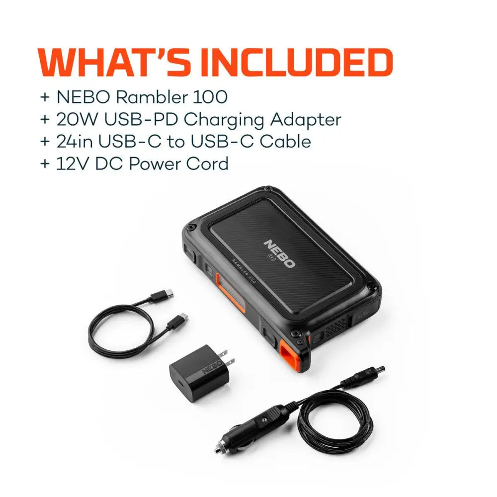Black and orange nebo rambler 100 rugged portable power bank with textured surface and visible branding
