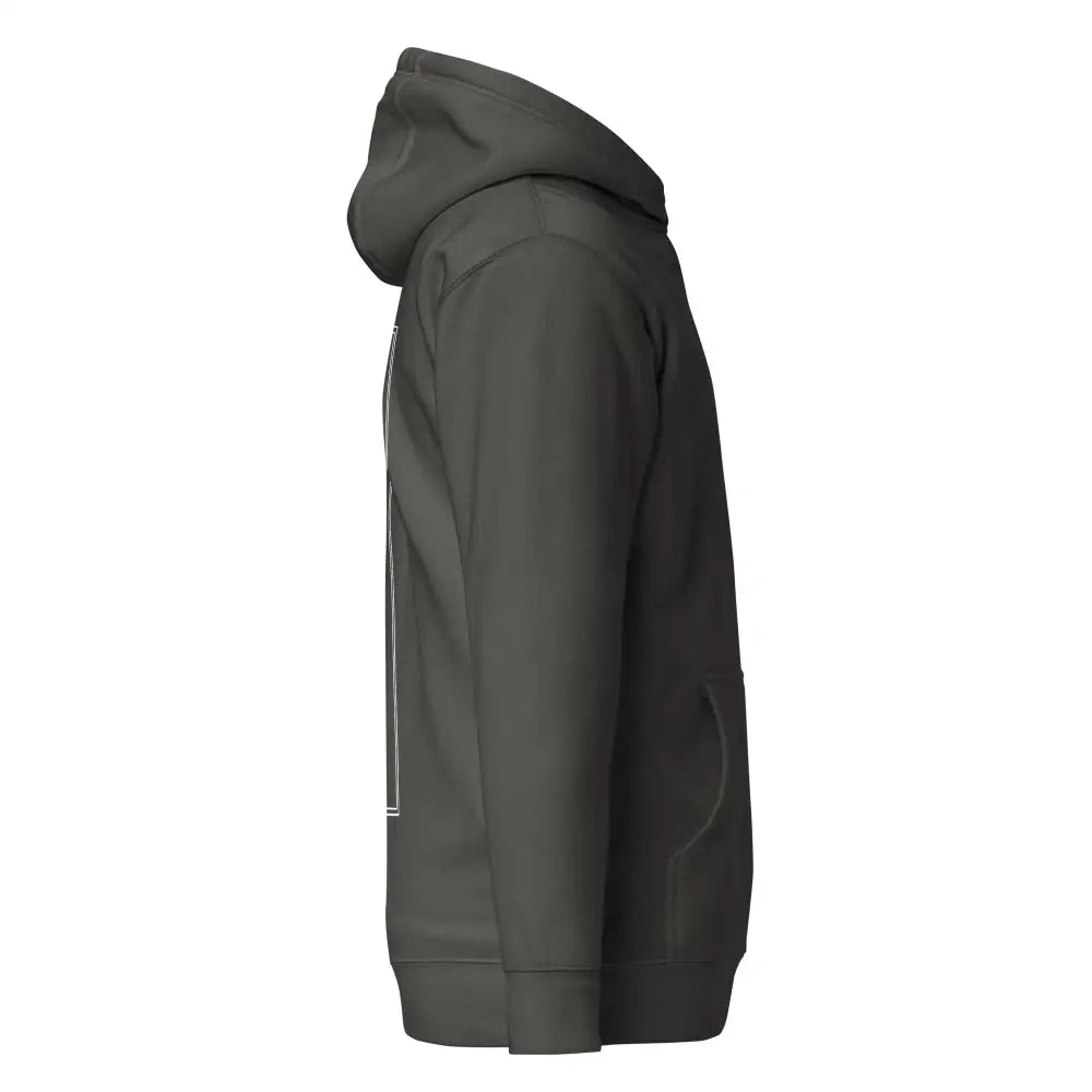Reaper huppari tummanharmaa hupullinen collegepaita, jossa hillitty valkoinen pystysuora kuvio sivulla, kuvassa takaa