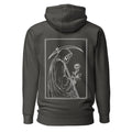 Dark gray reaper huppari with a white line-art grim reaper holding a rose graphic on the front